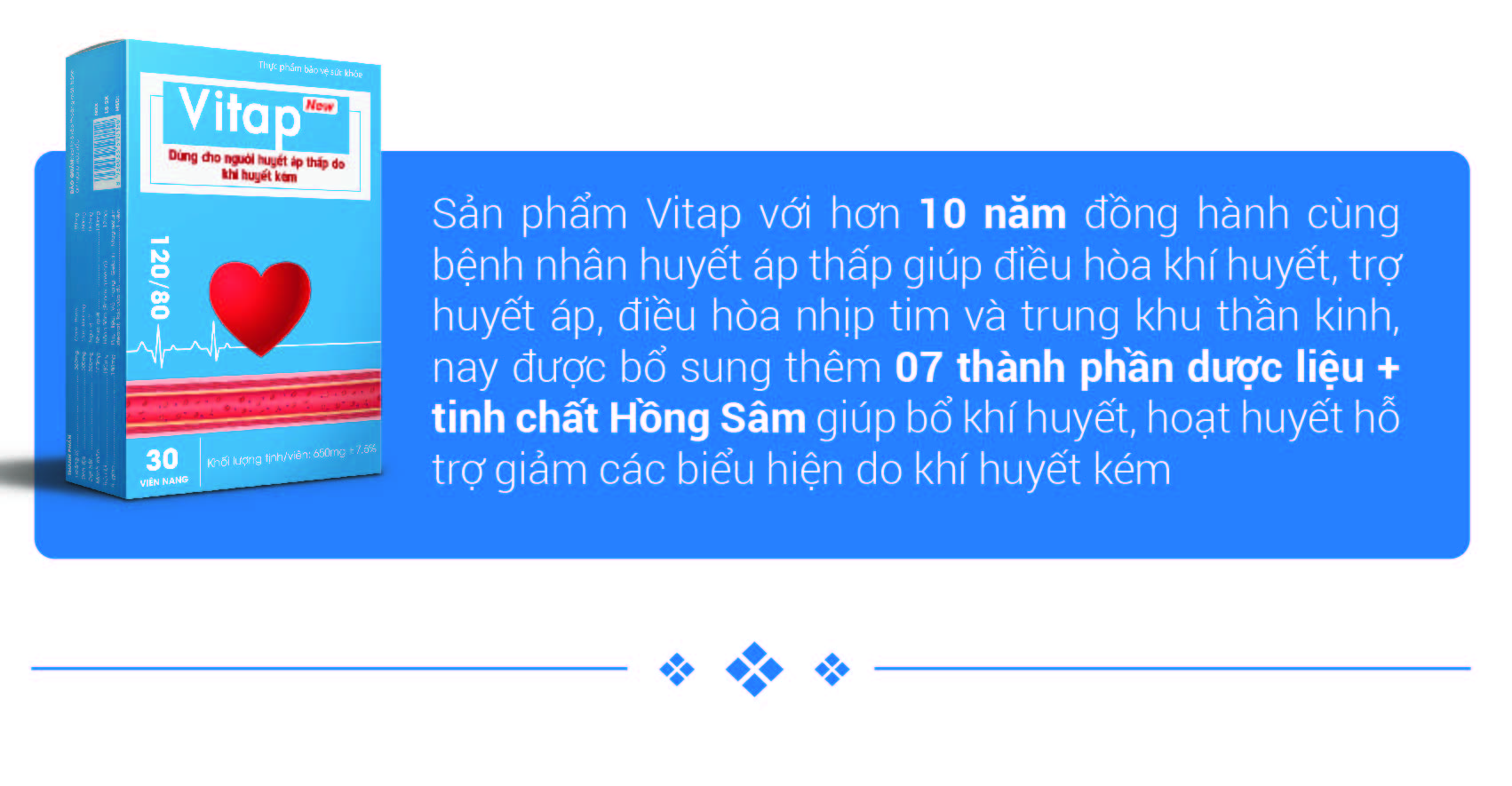 Vitap New - Dùng Cho Người Huyết Áp Thấp Với Các Biểu Hiện Đau Đầu, Hoa Mắt, Chóng Mặt. Giúp Bổ Khí Huyết, Hoạt Huyết, Hỗ Trợ Làm Giảm Các Biểu Hiện Do Khí Huyết Kém - 3 Hộp