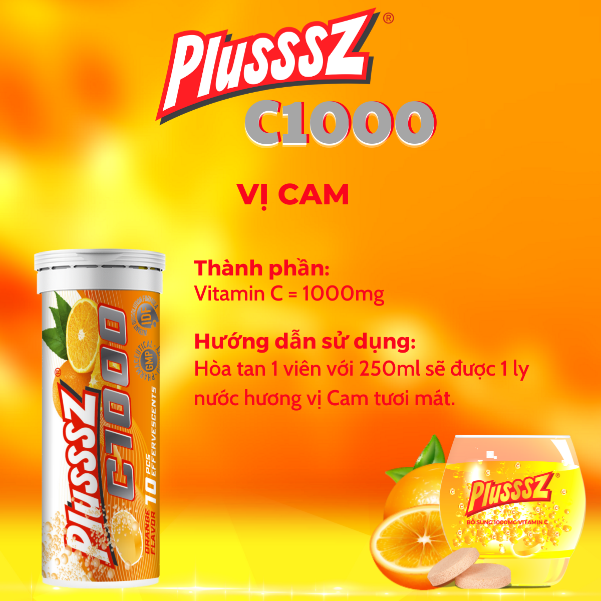 Viên sủi Plusssz C1000 bổ sung 1000mg vitamin c hỗ trợ tăng cường sức đề kháng, tăng cường sức khỏe (tuýp 10 viên sủi 4g) - nhập khẩu chính hãng