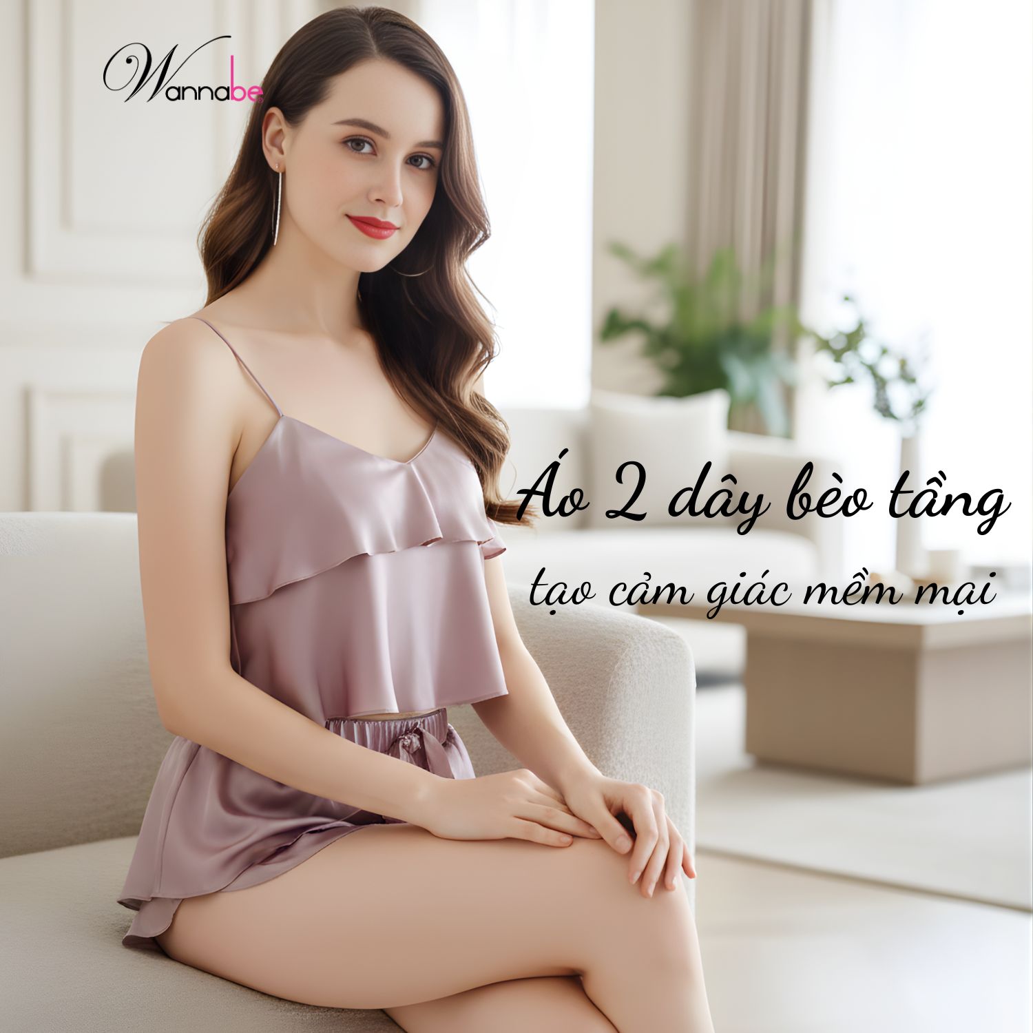 Đồ bộ mặc nhà WANNABE BSS05 đồ bộ quần sọt đắp bèo phối áo 2 dây crop top bèo tầng tạo độ phồng cho ngực