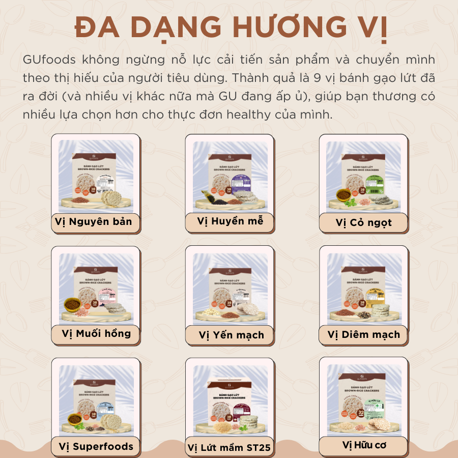 Bánh gạo lứt GUfoods (300g) - Không chiên dầu, Không đường, Từ gạo và ngũ cốc nguyên hạt, Lành mạnh, Phù hợp Eat clean, Ăn vặt healthy, Thực dưỡng, Tập gym, Thuần chay, Đa dạng hương vị