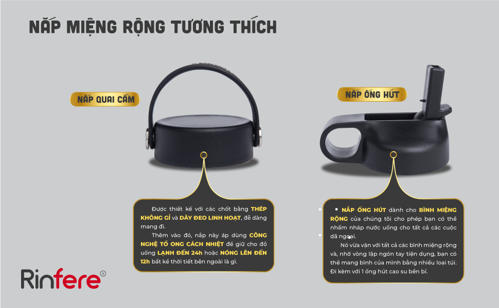 Bình Giữ Nhiệt Rinfere Với Combo 2 Nắp, Dụng Cụ Vệ Sinh Ống Hút (950ml) - Khắc Tên Theo Yêu Cầu