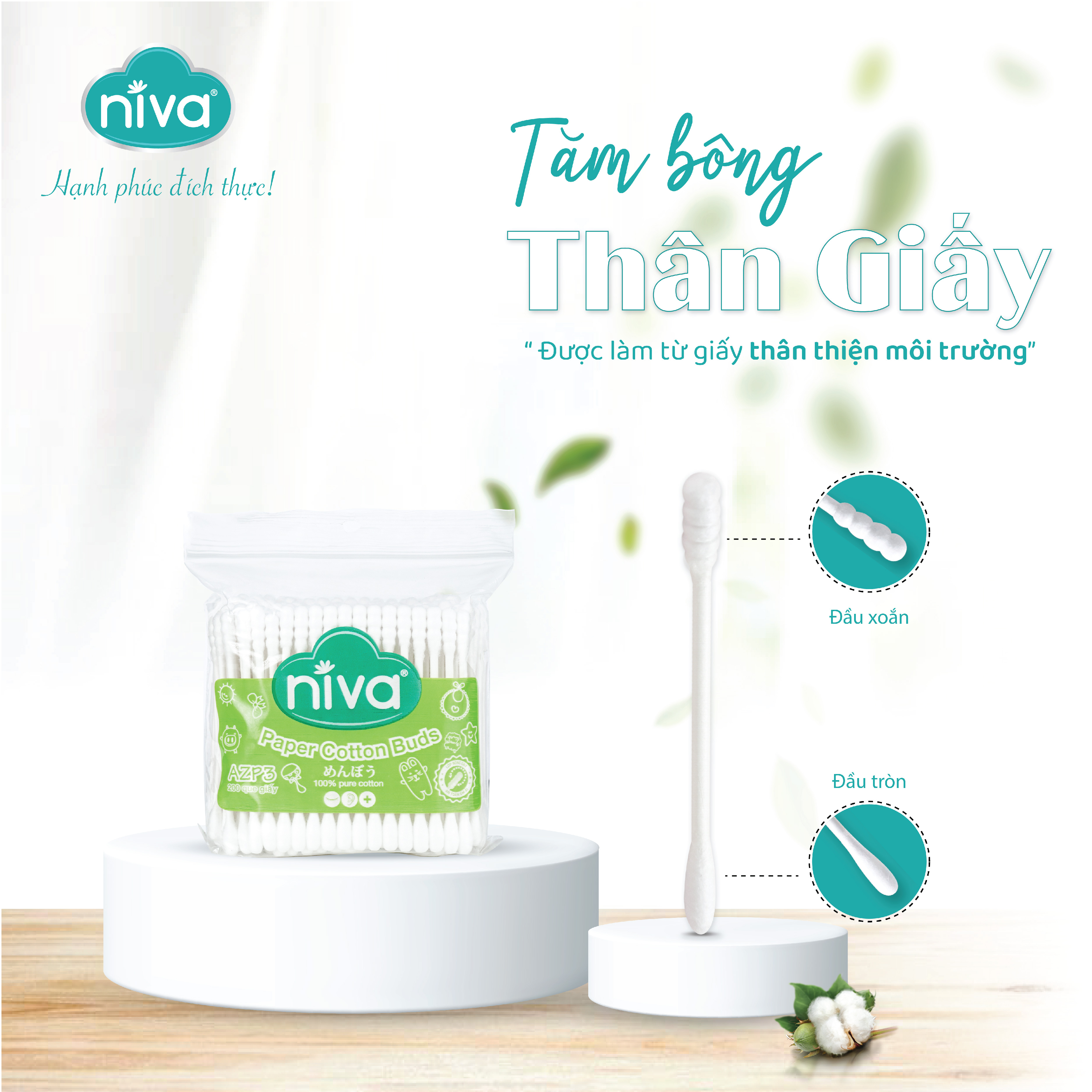 Combo 05 Tăm Bông Niva Túi 200 Que Thân Giấy AZP3 Đa Năng Chuyên Dùng Ngoáy Tai, Vệ Sinh, Trang Điểm, Thân Thiện Môi Trường