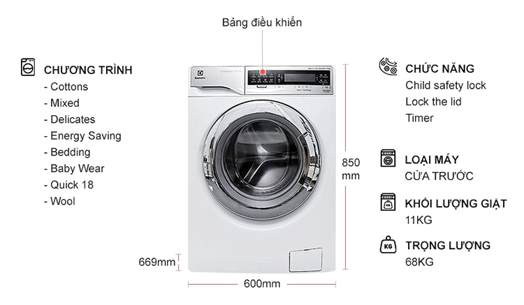 Máy Giặt Cửa Ngang Inverter Electrolux EWF14113 (11.0 Kg) - Trắng - Hàng Chính Hãng Máy Giặt Cửa Ngang Inverter Electrolux EWF14113 (11.0 Kg) - Trắng - Hàng Chính Hãng