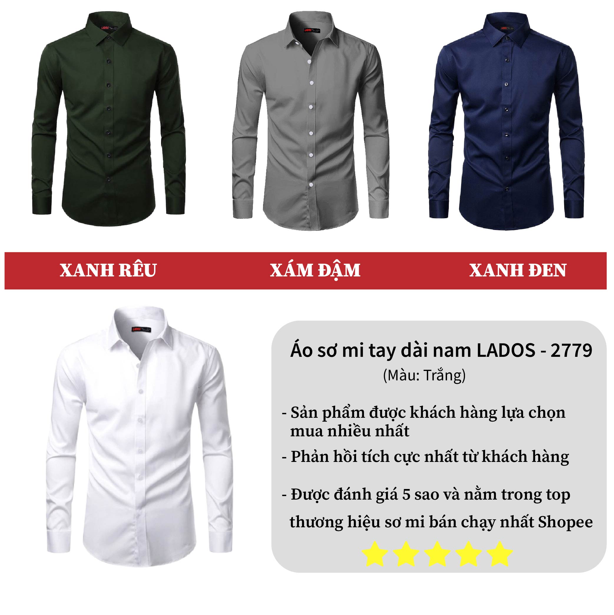 Áo sơ mi nam trơn tay dài cao cấp Lados - 779 chất kate lụa mềm mát, thấm hút mồ hôi