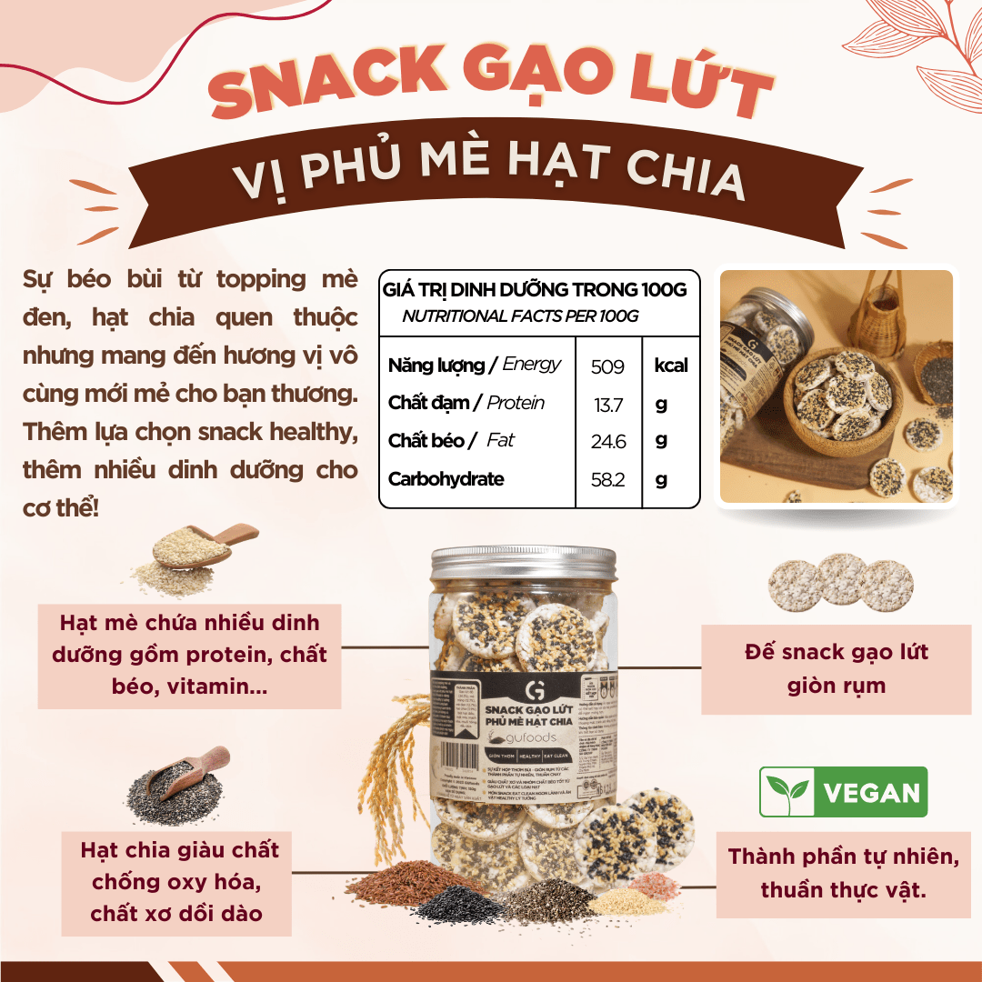 Snack gạo lứt phủ macca GUfoods - Topping siêu hạt, Giòn rụm, Thơm bùi, Giàu dinh dưỡng, Healthy, Eat clean, Thuần chay