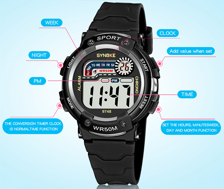 SYNOKE 9748 Child Watch Sport Watch Luminous Alarm Digital Waterproof Wrist Watch kid Watch