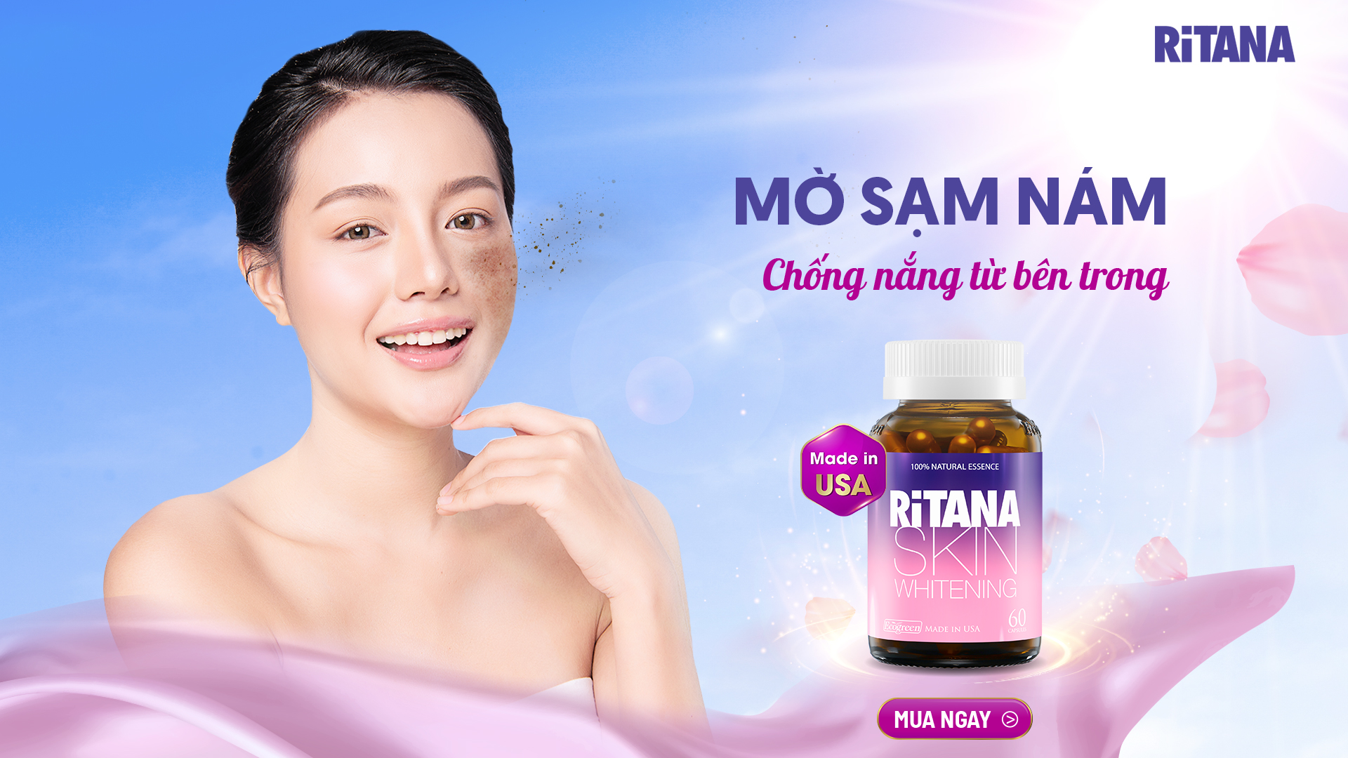 Viên uống RITANA trắng da mờ sạm nám với L-Glutathion, Sakura, Pomegranate, P.Leucotomos, collagen (30 viên)