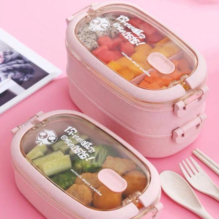 Hộp Đựng Cơm Văn Phòng Lúa Mạch 2 Tầng Tặng Kèm Đũa, Muỗng, Nĩa - HENRYSA