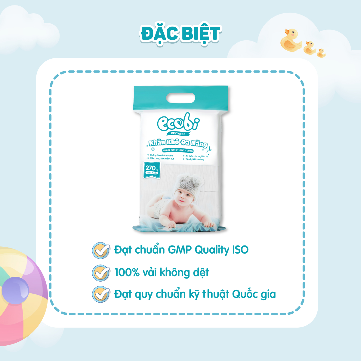 Khăn khô đa năng cao cấp cho bé EcoWipes Ecobi không mùi không paraben an toàn cho da bé