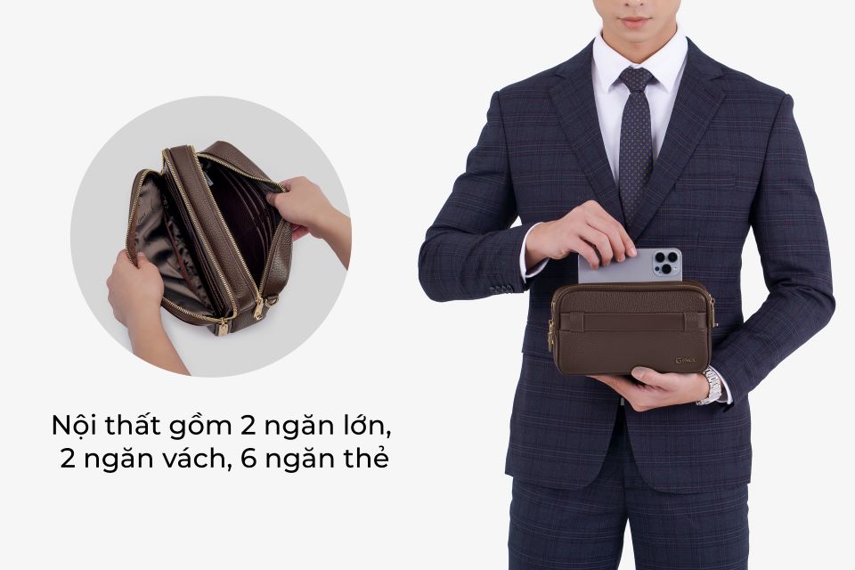 Ví Da Cầm Tay Clutch Nam Chính Hãng GENCE RB09 Da Bò Khóa Vân Tay Cao Cấp Màu Nâu