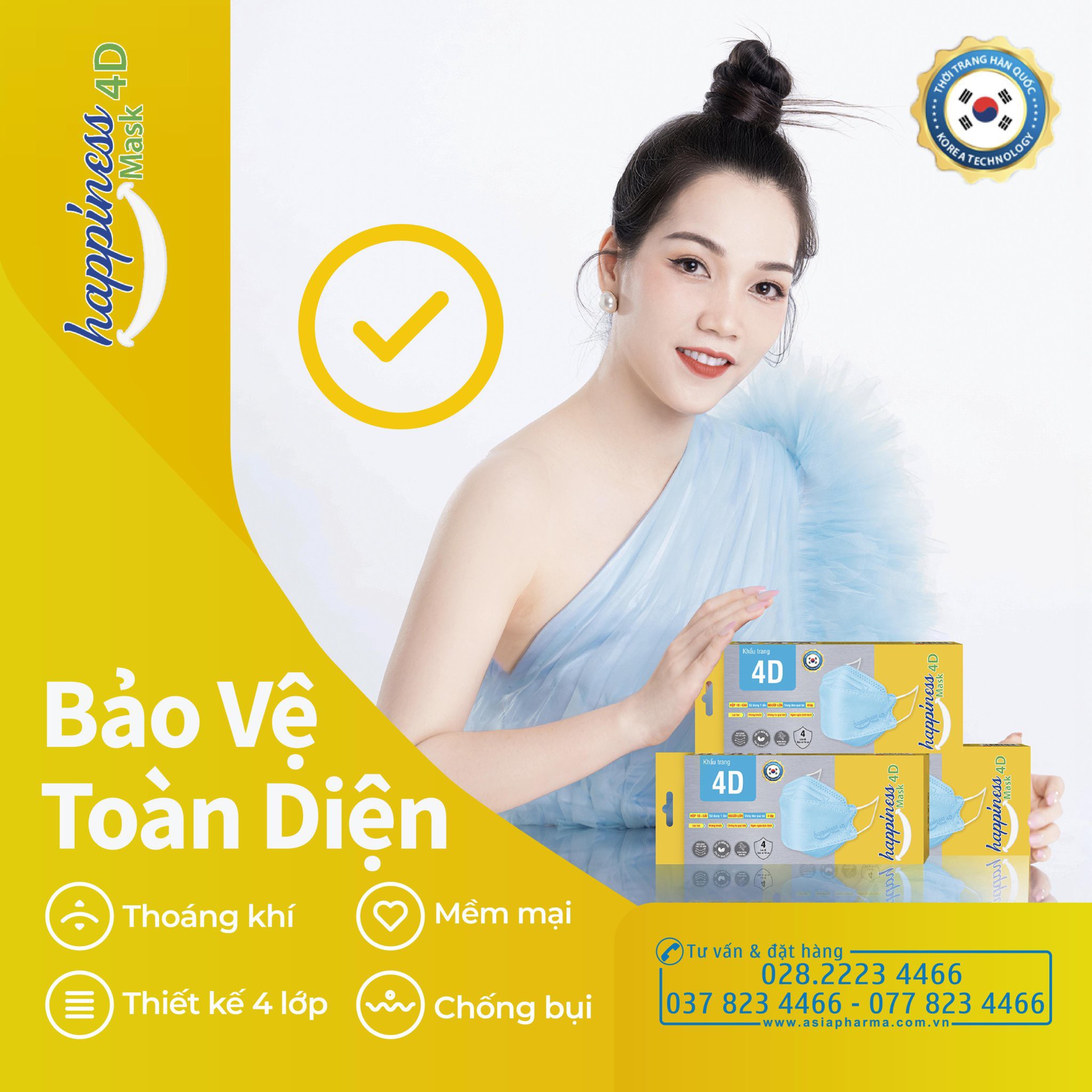 khẩu trang y tế 4 lớp kháng khuẩn cao cấp happiness 4d hàn quốc hộp 10 cái - asia pharma 2