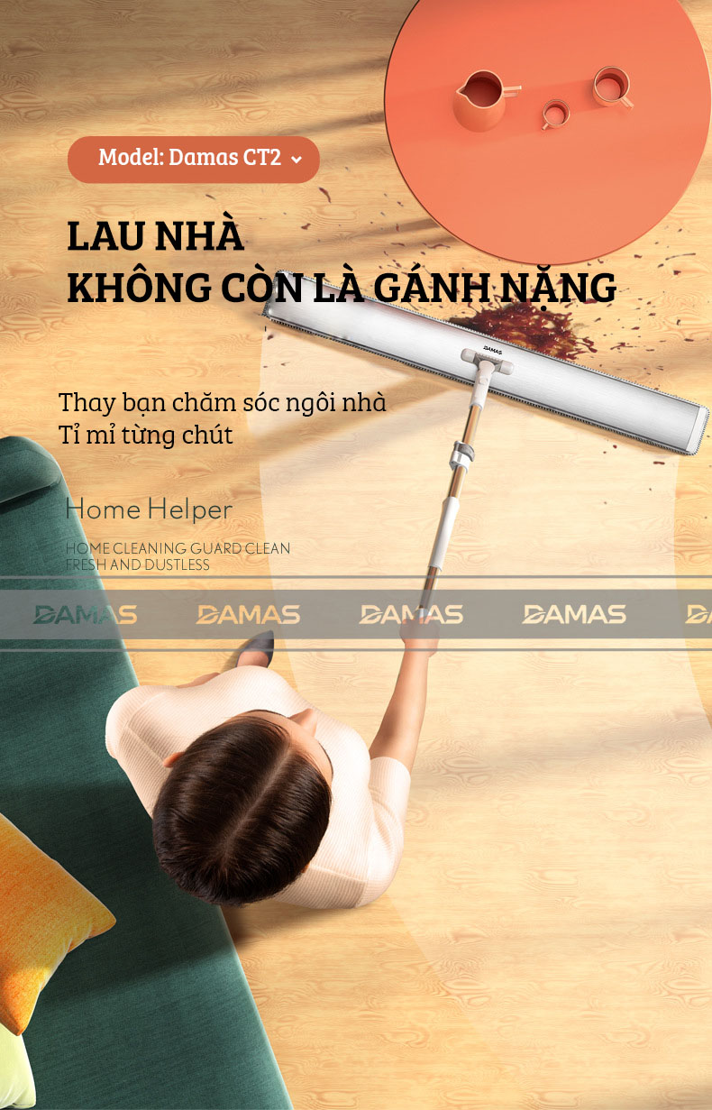 Cây Lau Nhà Thông Minh Hợp Kim Cao Cấp, Chổi Lau Nhà 360 Độ Lau Sạch Vắt Khô DAMAS CT2 - Bản Lau To Giúp Lau Sạch Nhanh Chóng, Khớp Xoay 180 Độ Linh Hoạt - Tự Động Gấp Gọn Tiện Lợi, Tích Hợp Thanh Lược Chải Làm Sạch Bông Lau Dễ Dàng Mà Không Cần Động Tay