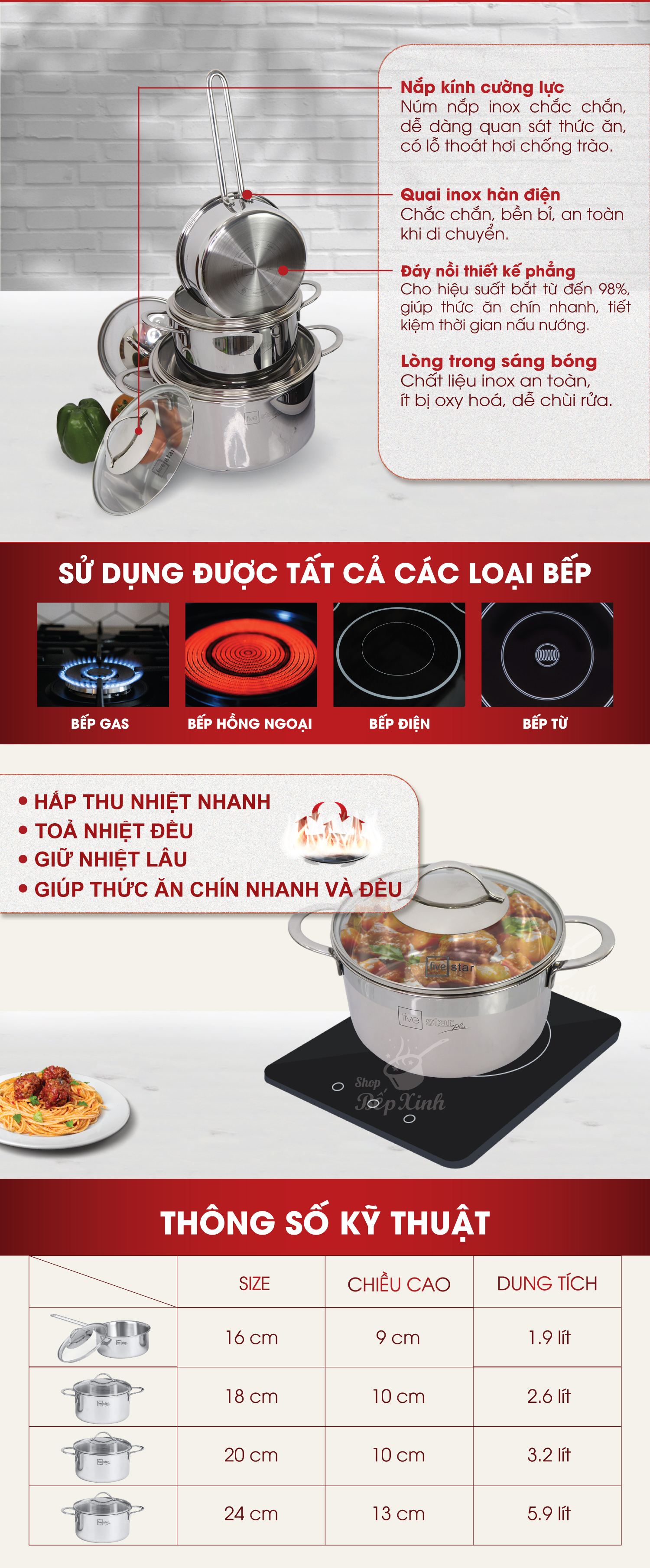 Bộ Nồi Inox 304  bếp từ 3 lớp đáy liền 4 món nắp kính Fivestar tặng 2 muỗng canh