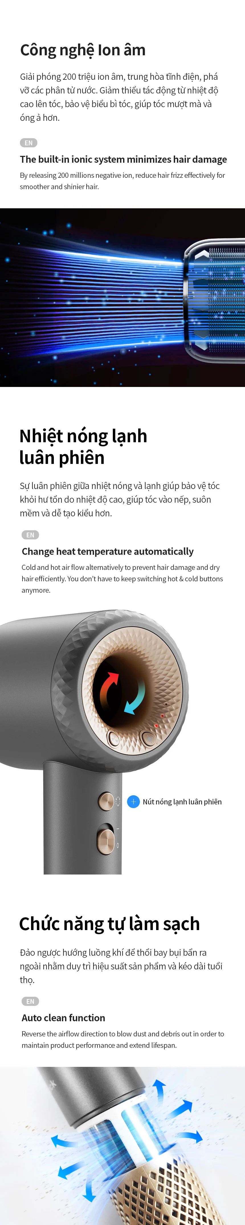 Máy sấy tóc ion âm LocknLock hair dryer đầu sấy từ 360 độ, chức năng tự làm sạch - ENA316GRY - Hàng chính hãng