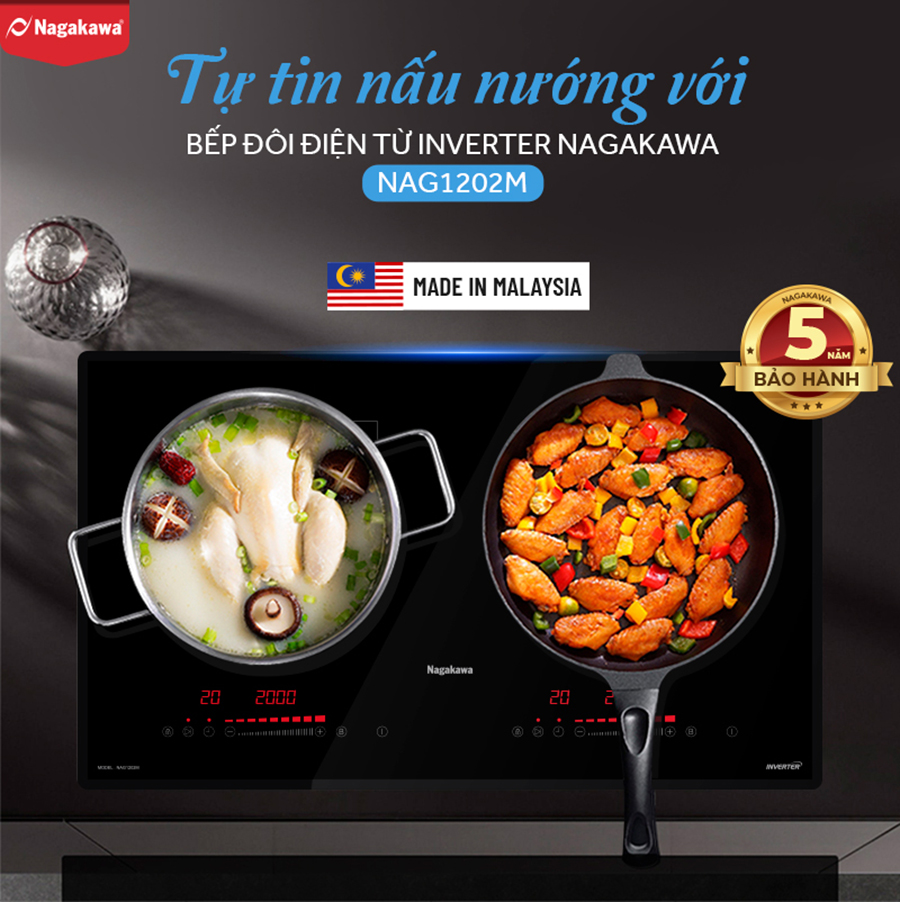 Bếp Âm Từ Đôi Premium Nagakawa NAG1202M (73 cm) - Hàng Chính Hãng