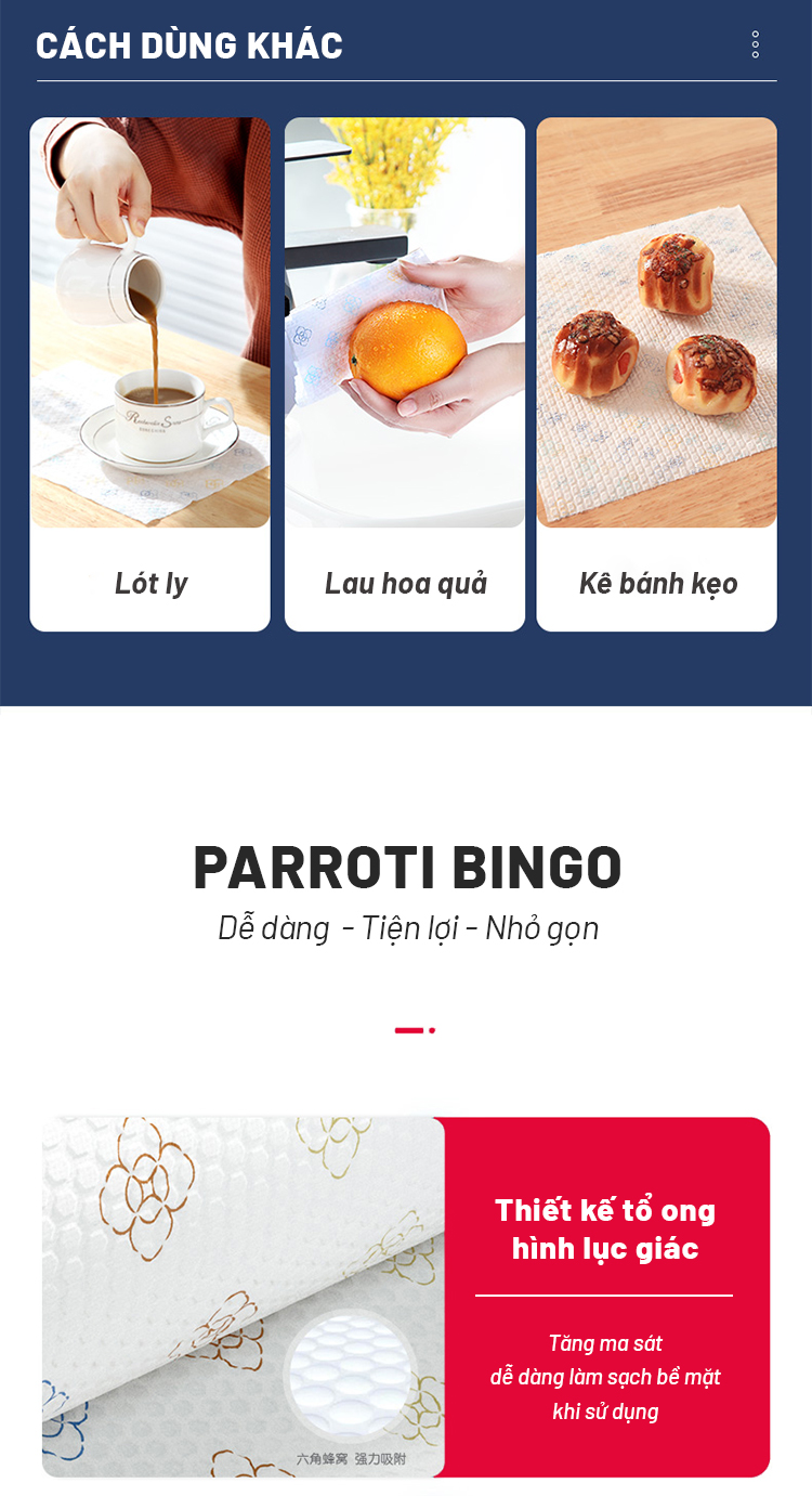 Khăn giấy cuộn đa năng, lau bếp, lau kính, chén bát, lau tay (50 khăn/cuộn, 25cm x25cm) - Parroti Bingo NG01