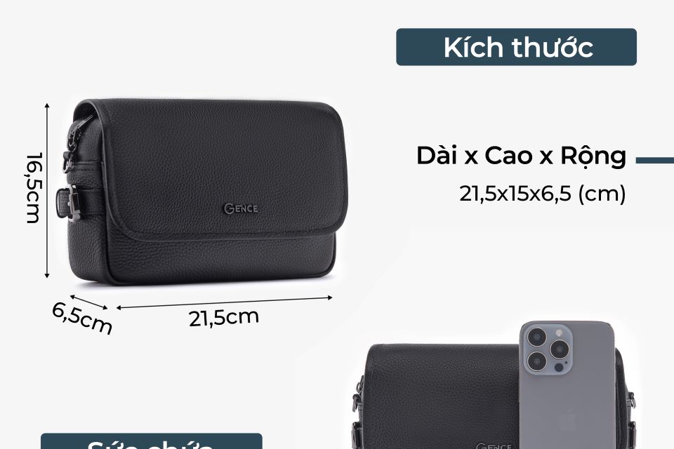 Túi Đeo Chéo Công Sở Túi Nam Hàng Hiệu GENCE TD07 Da Bò Cao Cấp Màu Đen Dáng Ngang