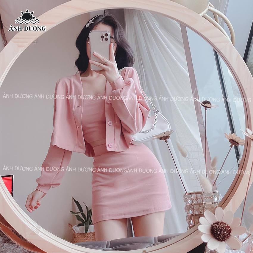 Set 3 món áo 2 dây, chân váy chữ A và áo khoác màu hồng vải umi (áo trong có mút) Ánh Dương Clothing