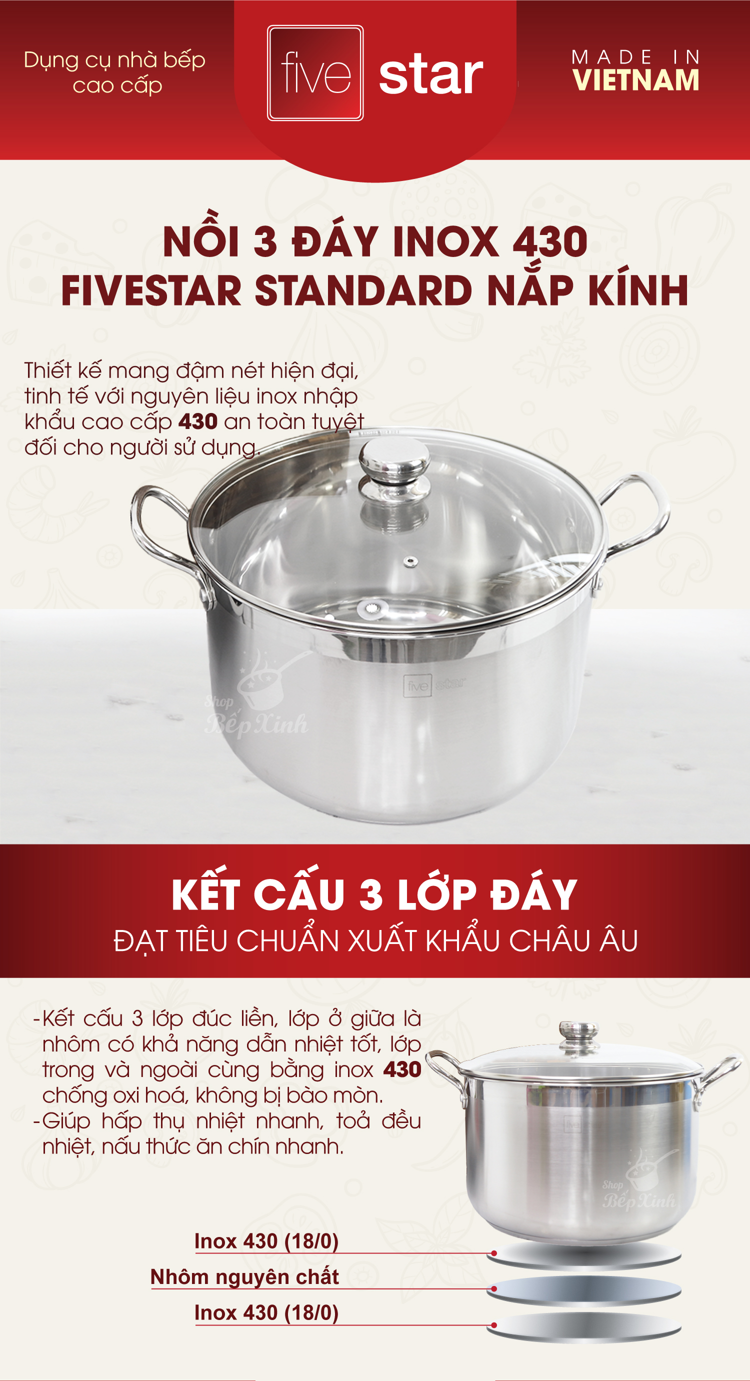 Nồi luộc gà Fivestar 3 đáy inox 430 nắp kính ( 30cm ), tặng 1 vá canh, dùng được bếp từ , gas, hồng ngoại