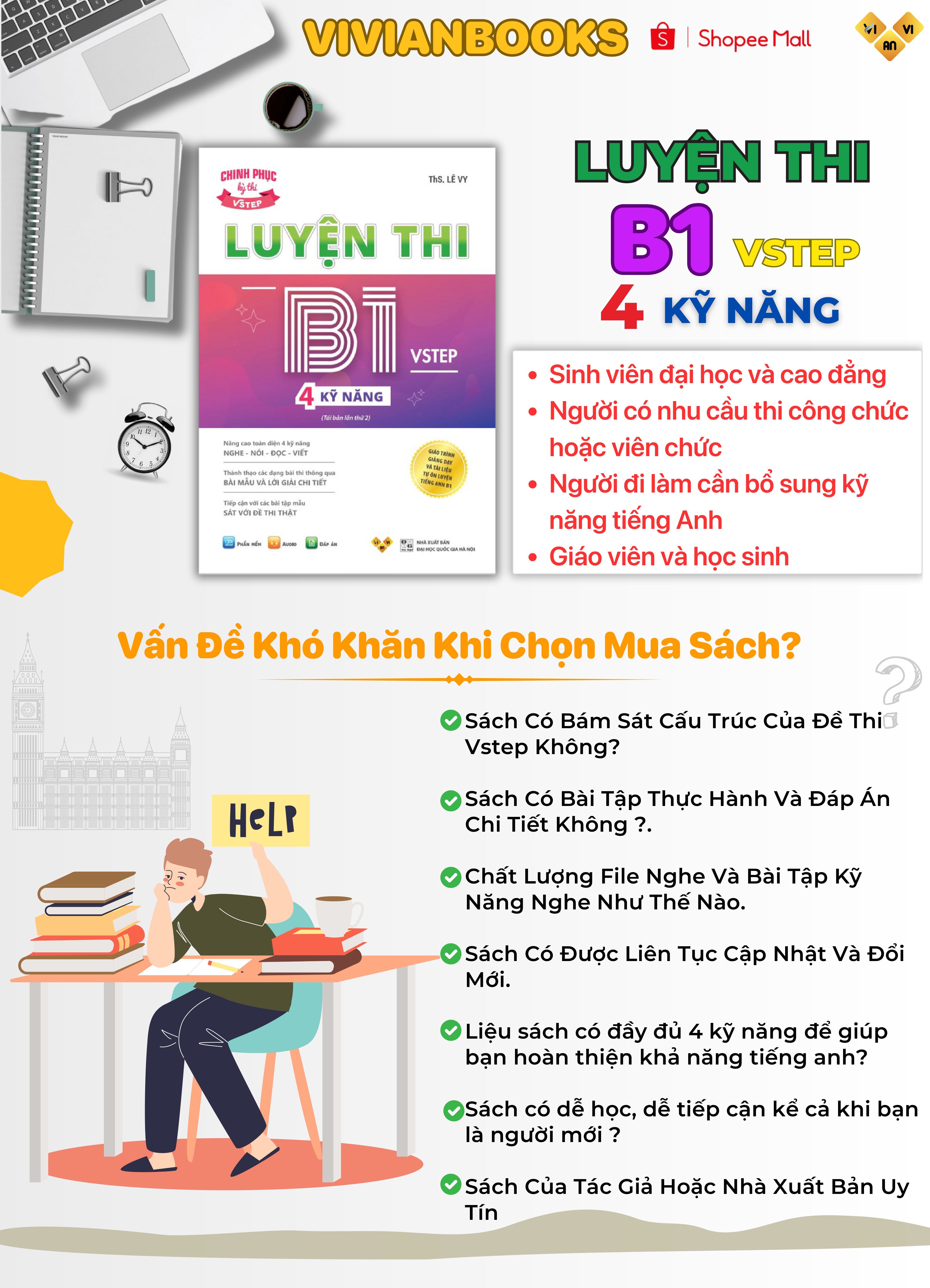 Sách Luyện thi B1 Vstep 4 kỹ năng - Ôn thi chứng chỉ tiếng Anh B1 bậc 3 (bằng B1 tiếng Anh) theo Khung NLNN Việt Nam