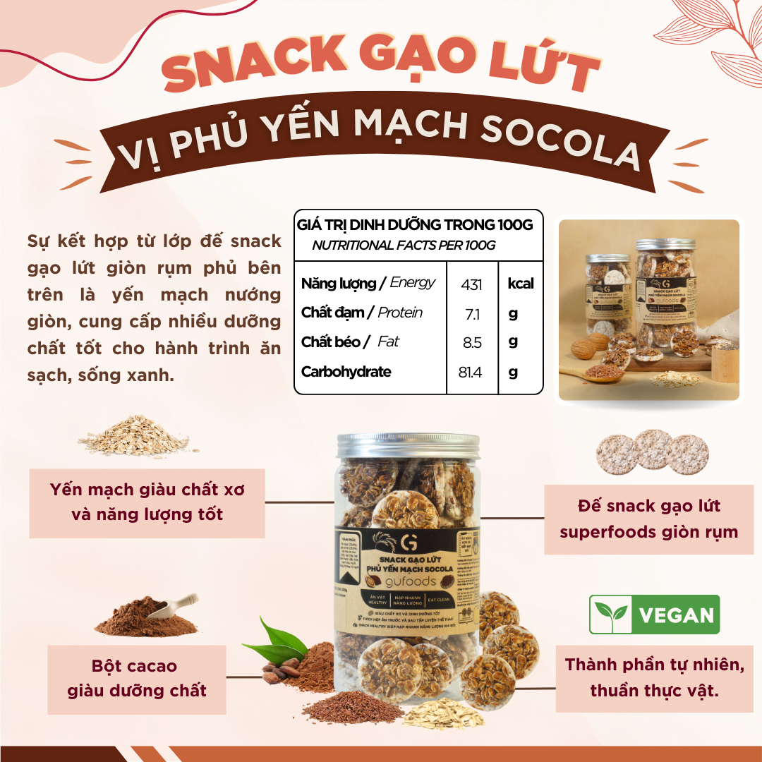 Snack gạo lứt ngũ cốc nguyên hạt GUfoods - Không chiên dầu, Đa dạng hương vị, Thanh đạm, Lành mạnh, Phù hợp Eat clean, Ăn vặt healthy, Tiện lợi, Thuần chay