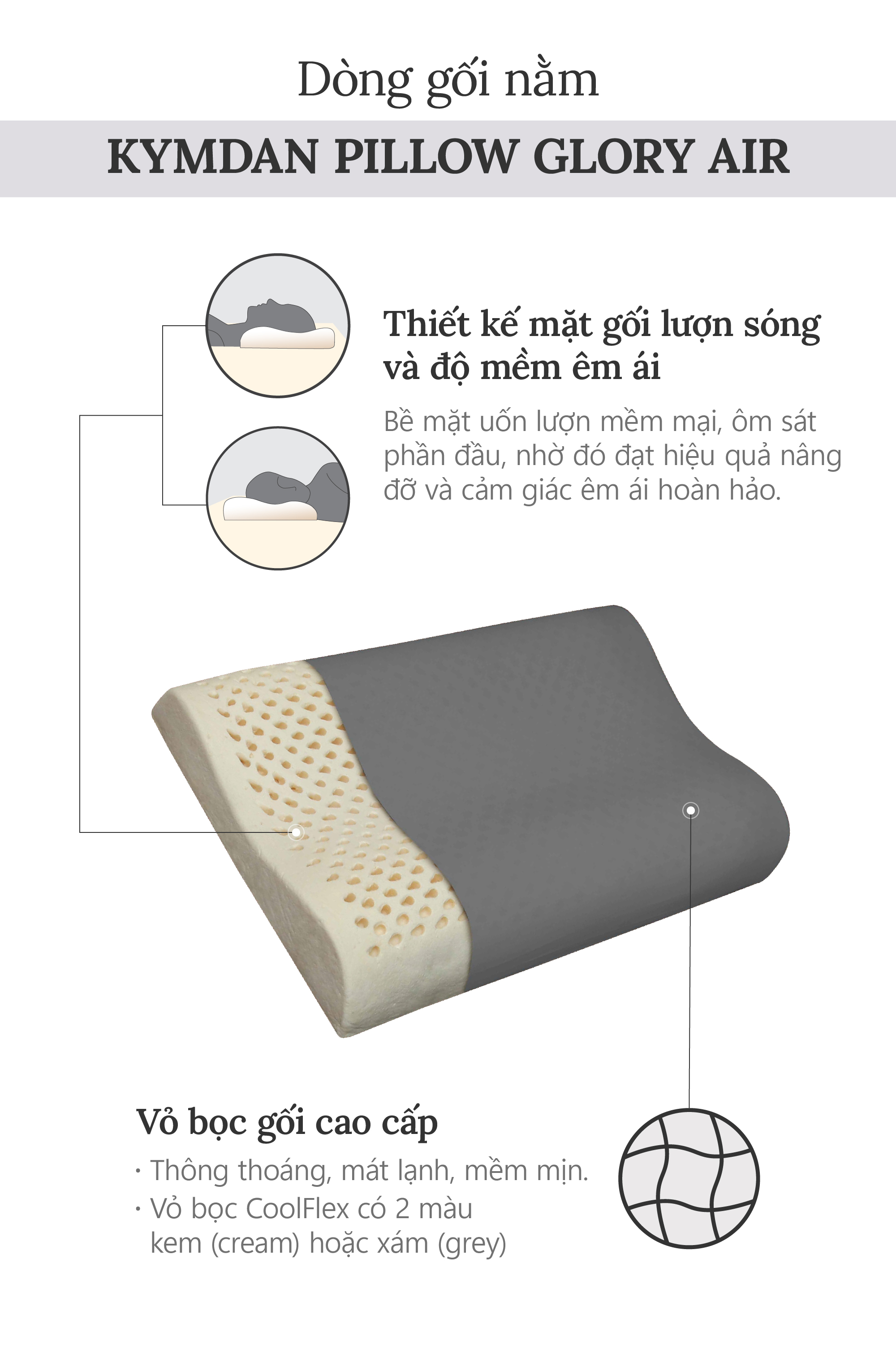 Gối cao su thiên nhiên Kymdan Pillow Glory Air 60 x 38 x 8,5 - 5,5 - 8 cm