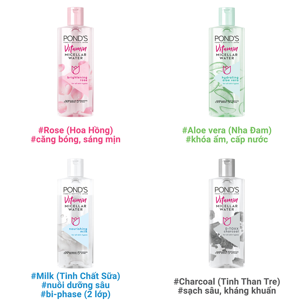 Combo 2 Nước Tẩy Trang Vitamin & Nha Đam Khóa Ẩm Sáng Mịn  Pond's Micellar Water 100ml