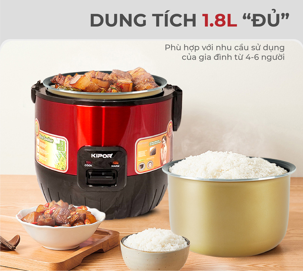 Nồi cơm điện KIPOR KP-N6518 - 1.8L - Nồi cơ dung tích lớn 4-6 người ăn, chống dính TEFLON 3mm 1Kg, màu đỏ/vàng đa năng -Hàng chính hãng- Bảo hành tại nhà 12 tháng