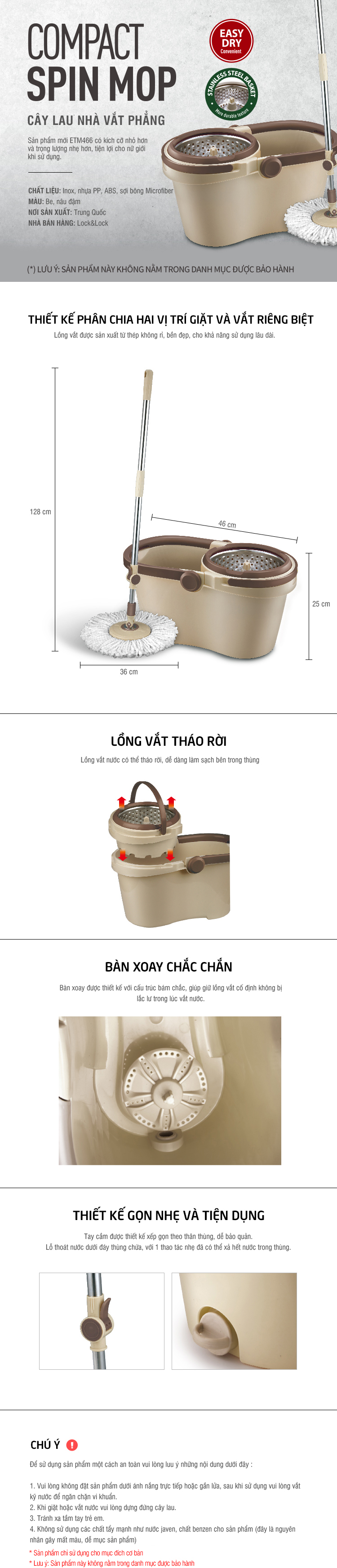 Bộ Cây Lau Nhà Xoay Tay Compact Spin Mop Lock&Lock ETM466: Thùng Giặt + Cây + Bông Lau