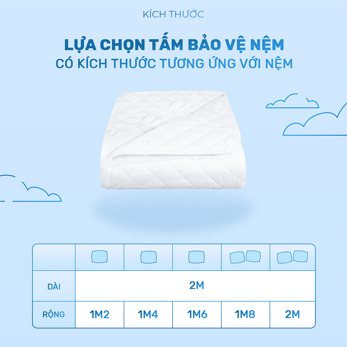 Tấm bảo vệ đệm cao cấp 3 lớp chần bông ô vuông -  Ngăn nước bụi bẩn - Giữ sạch nệm