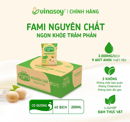 Thùng Sữa đậu nành Vinasoy Fami nguyên chất (200ml x 40 Bịch)