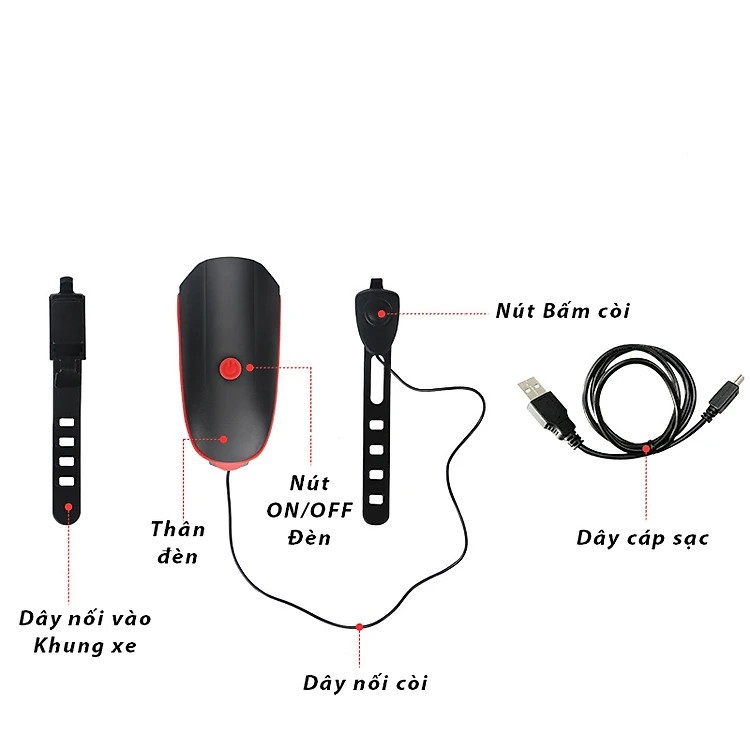 đèn pha xe đạp có còi kèn - pin mạnh 1200mah - sáng tới 5 giờ liên tục 4