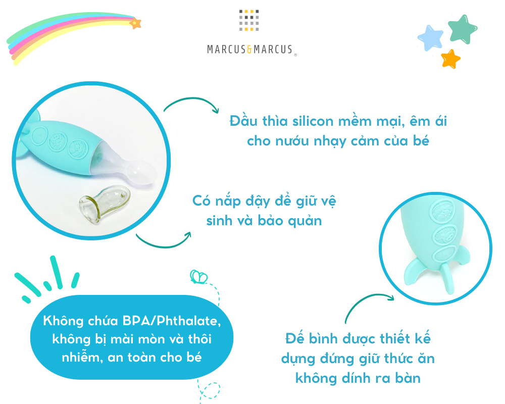 Bình bóp ăn dặm silicon có thìa Marcus & Marcus cho bé từ 6 tháng