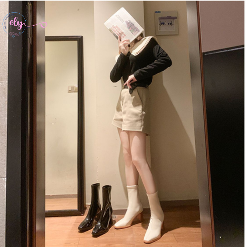 Giày Bốt Nữ Da Bóng Trắng Đen Ôm Chân Đẹp Gót 7 Phân Cổ cao Mũi Nhọn Không Có Khóa