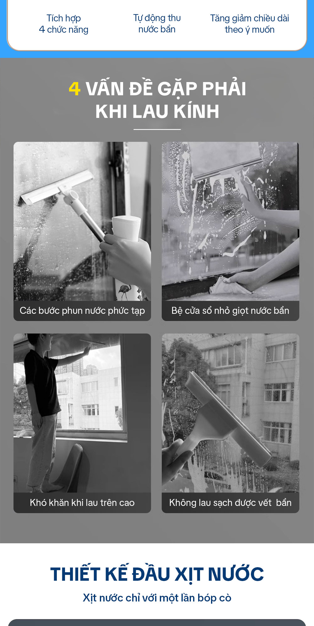 Cây lau kính, gạt chùi kính 4 trong 1, cán nhôm độ dài linh hoạt, thu nước trên kính, có phun sương Parroti Shiny SN04