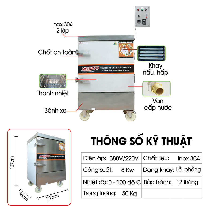 Tủ hấp giò chả bằng điện 8 khay Newsun  (40kg/mẻ) - không tủ điều khiển (Ảnh 7)