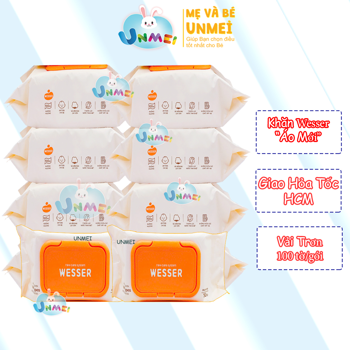 (Mẫu Mới) Combo 10 Gói Khăn Ướt Wesser Không Hương dành, Dạng Khăn Trơn An Toàn Cho Bé