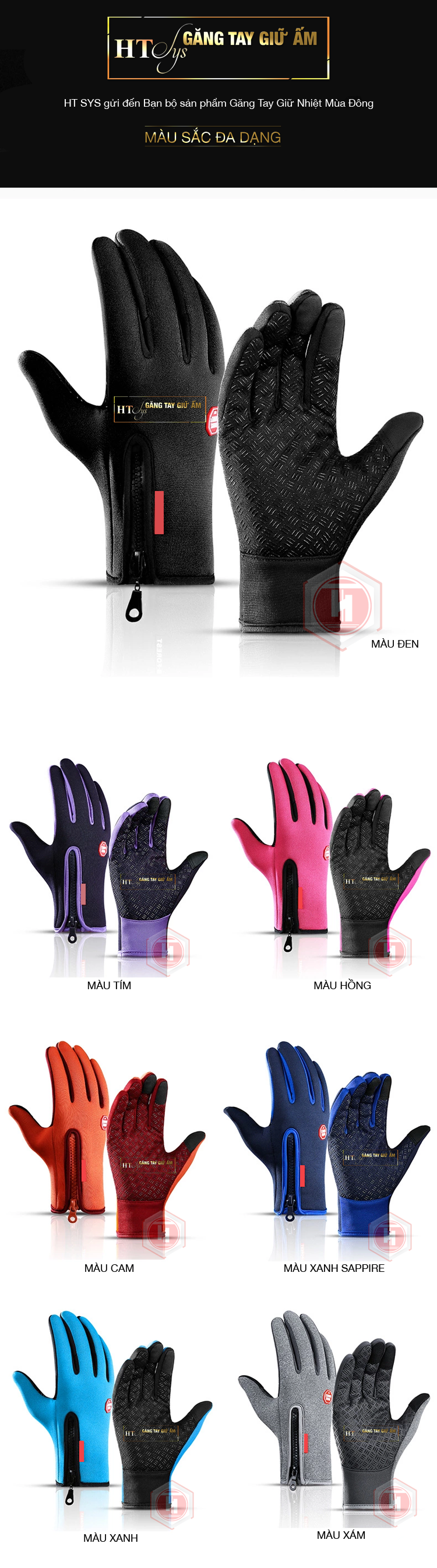 Găng tay nam nữ giữ ấm mùa đông - HT SYS - Giữ nhiệt - Chống thấm nước