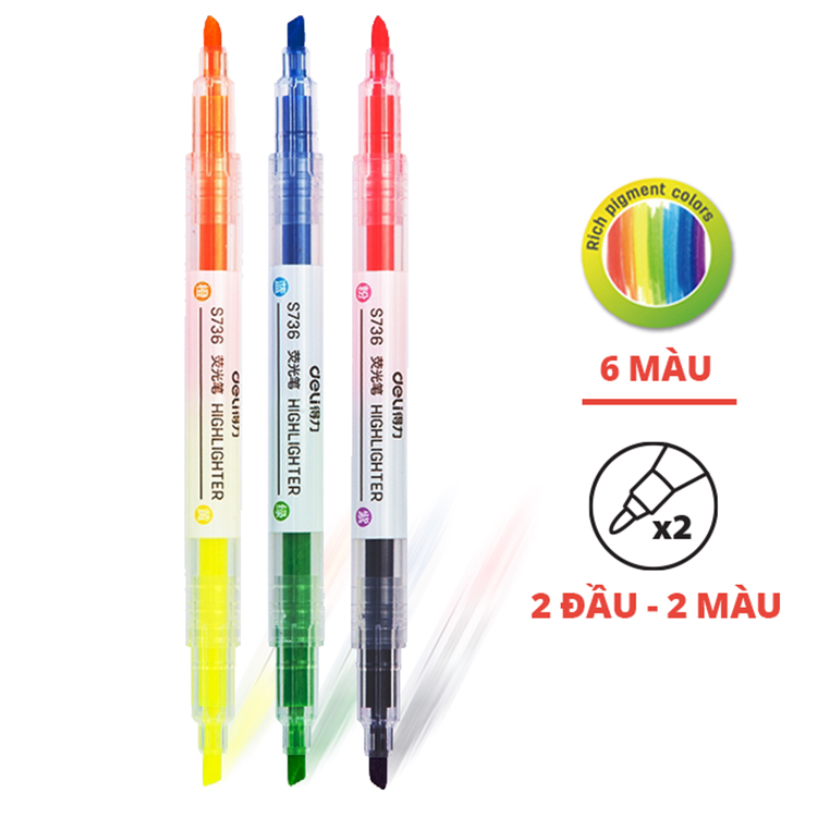 Hộp 3 Cây Bút Dạ Quang 2 Đầu Deli S736 - Màu Ngẫu Nhiên