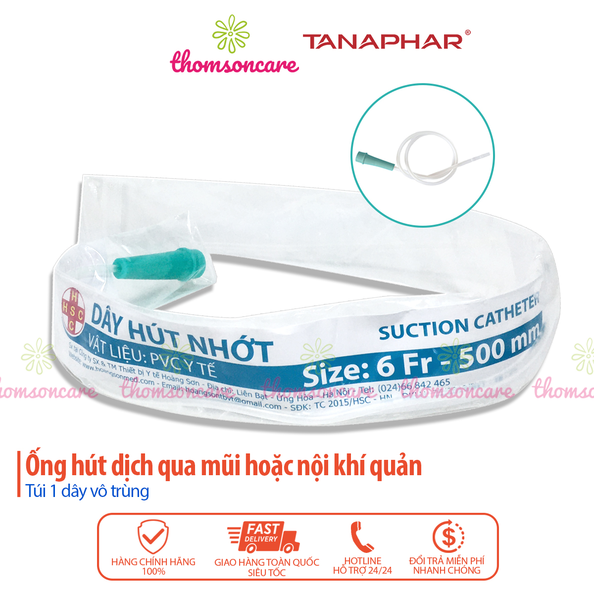 Dây hút nhớt, đàm dịch y tế Tanaphar - Túi 1dây tiệt trùng - Khai thông đường hô hấp 1