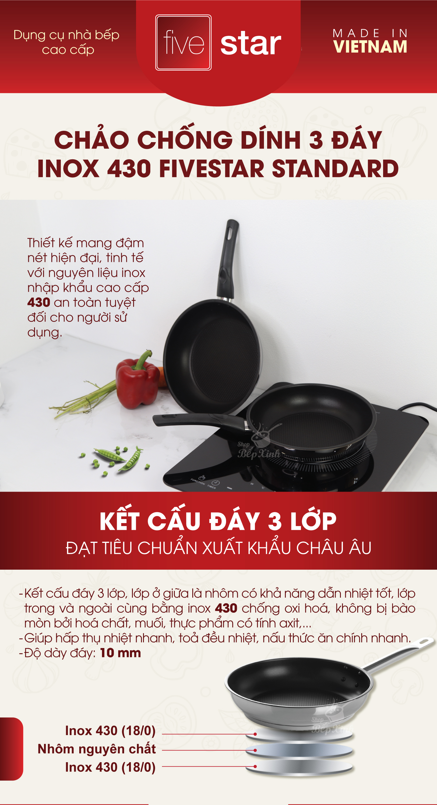 Chảo Inox Chống Dính 3 Đáy 28cm Five Star CKD28-3DI - Hàng Chính Hãng