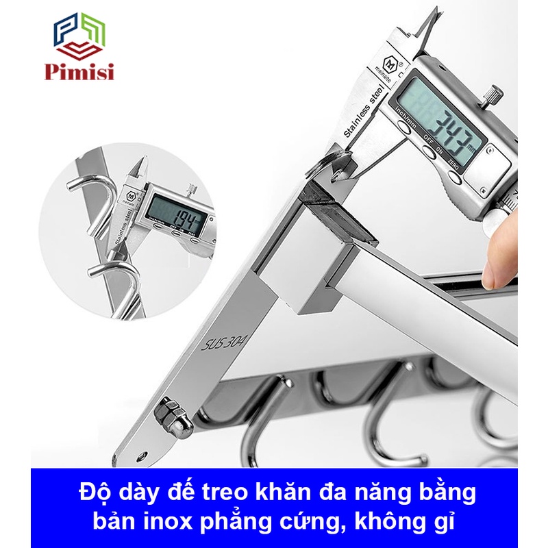 Giá Treo Khăn Tắm Inox 304 Pimisi Có Móc Áo Quần, Với Vắt Khăn Giàn Gấp Gọn Đa Năng Và Thanh Đơn Treo Khăn Mặt Kèm Đinh Ốc Vít Nở Gắn Tường Bằng Khoan Trong Nhà Vệ Sinh | Hàng Chính Hãng