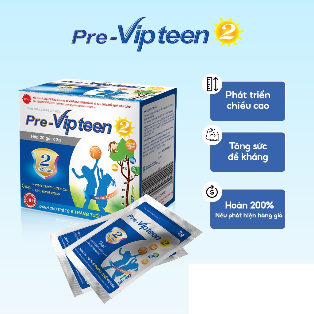 Cốm Pre-Vipteen 2 Bổ Sung Canxi Tăng Chiều Cao, Tăng Sức Đề Kháng Phát Triển Thể Lực Cho Trẻ Hộp 20 Gói