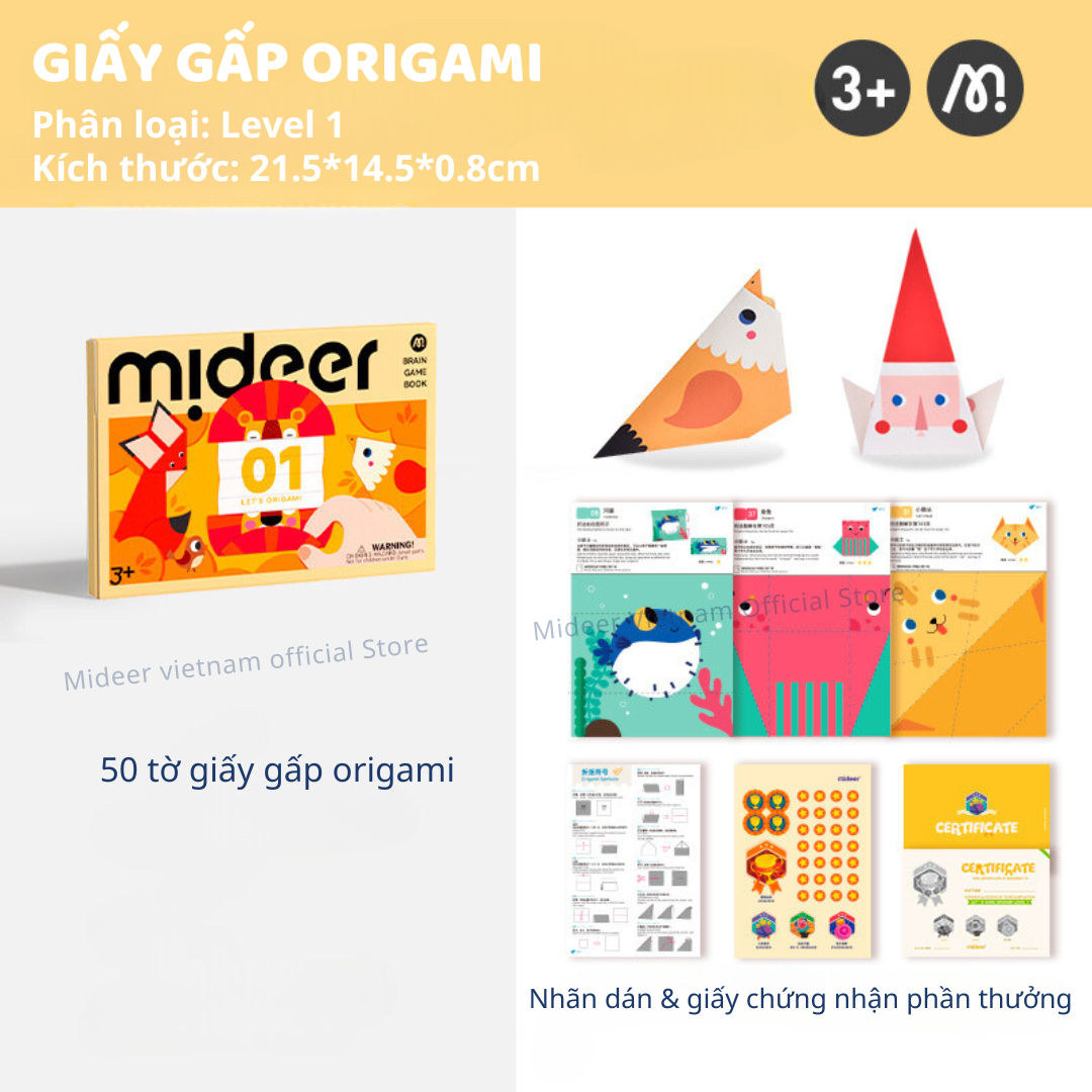 Giấy Gấp Origami Mideer Origami 3 cấp độ, Đồ Chơi Thủ Công giáo dục sáng tạo Cho Bé 2 3 4 5 Tuổi