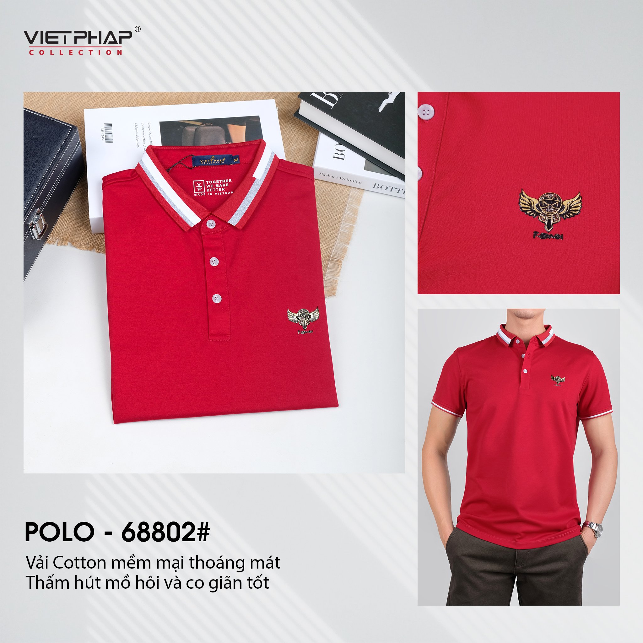 Áo Polo Nam VIỆT PHÁP Form Basic Chất liệu Cotton co giãn thấm hút mồ hồi tốt  68802
