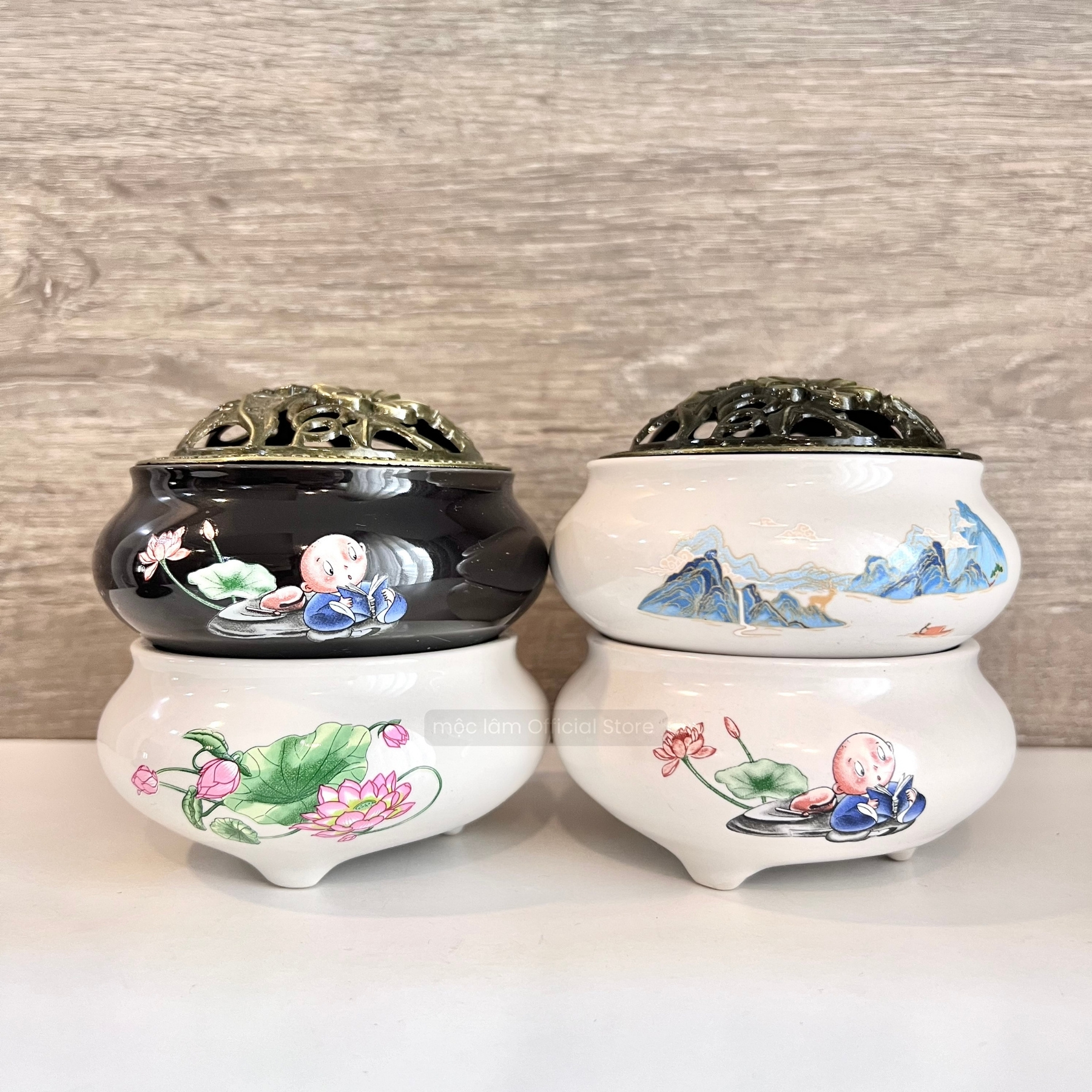 Lư Xông Nụ Trầm Hương - Đỉnh Đốt Nhang Bằng Gốm Rạn Cao Cấp, Kèm Lót Bông Đế Chống Cháy