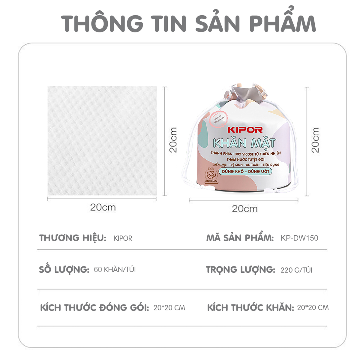 Khăn mặt khô KIPOR dùng 1 lần lau khô, lau ướt - 60 khăn/cuộn, kích thước 20x20cm - Hàng chính hãng