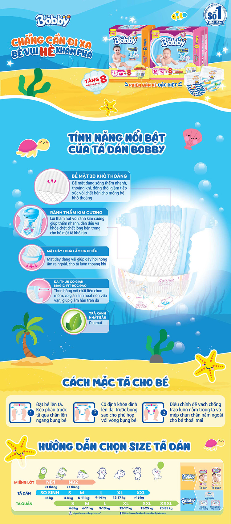 Tã dán Bobby siêu thấm - khô thoáng XL62 [Tặng 8 Miếng Phiên Bản Hè Giới Hạn]