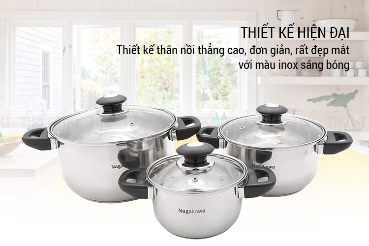 Bộ nồi inox cao cấp 4 đáy Nagakawa NAG1303 (size 16cm, 20cm, 24cm) dùng cho mọi loại bếp - Hàng Chính Hãng