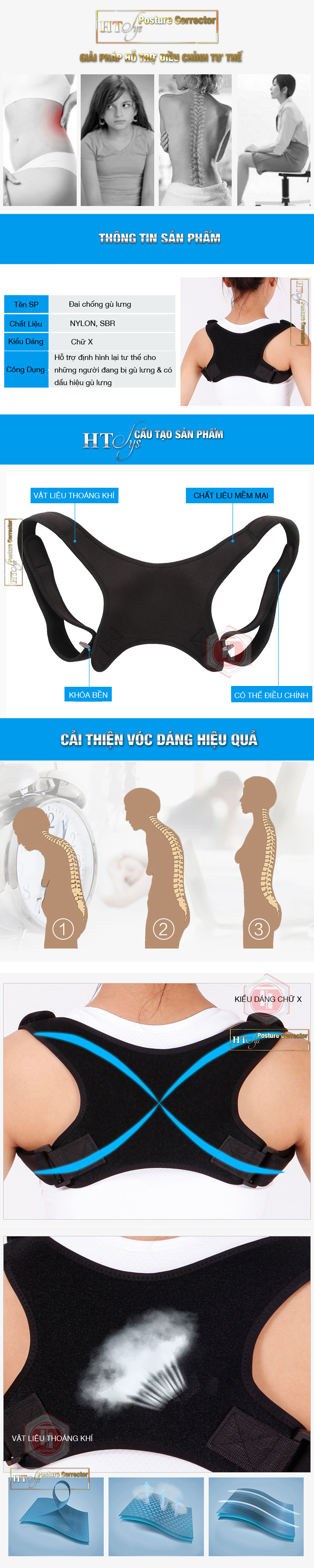 Đai chống gù lưng nam nữ HT SYS Posture Corrector-Kiểu dáng chữ X-Freesize-Màu đen